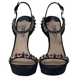 Prada-Prada Crystal Embellished Ankle Strap Sandals in Black Satin-Black
