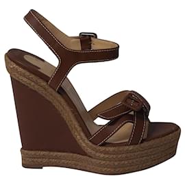 Christian Louboutin-Christian Louboutin Zero Problem Espadrille Wedges in Brown Leather-Brown