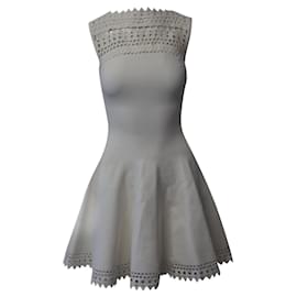 Alaïa-Alaia Open Work Knitted Flared Dress in White Viscose-White