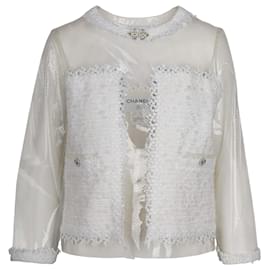 Chanel-Chanel durchsichtige Jacke mit weißer Spitzenstickerei-Weiß