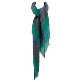 Fendi-Fendi shawl in royal blue oriental peacock print on green linen-Blue