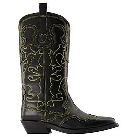 Botas Western Mid Shaft - Ganni - Negro/Amarillo - Cuero Negro