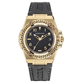 Versace-Versace Greca Reaction Leather Watch-Golden,Metallic