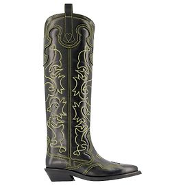 Ganni Bottes Western Brodées au Genou en Cuir Noir Noir