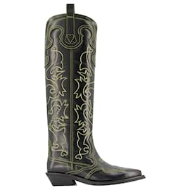 Ganni-Knee High Embroidered Western Boots in Black Leather-Black