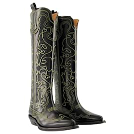 Ganni-Knee High Embroidered Western Boots in Black Leather-Black