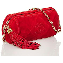 Chanel-Quilted Suede Cylinder Chain Tassel Crossbody Bag-Red