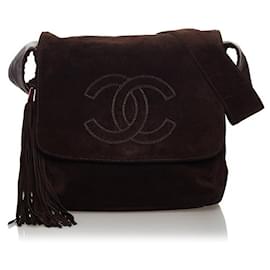 Chanel-Bolso de hombro Coco Mark de ante con flecos-Castaño