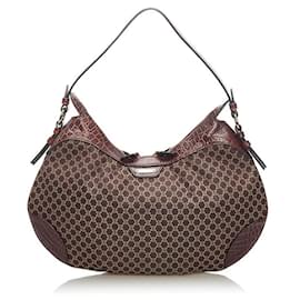 Céline-Embossed Leather Trimmed Macadam Shoulder Bag-Brown