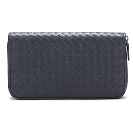 Bottega Veneta-Portefeuille zippé en cuir intrecciato-Bleu