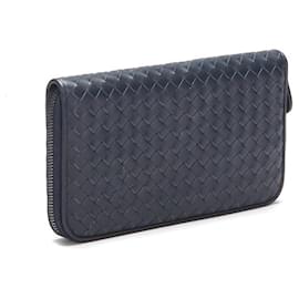 Bottega Veneta-Portefeuille zippé en cuir intrecciato-Bleu