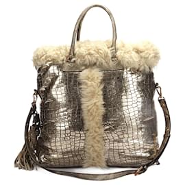MCM-Embossed Leather Faux Fur Shoulder Bag-Golden