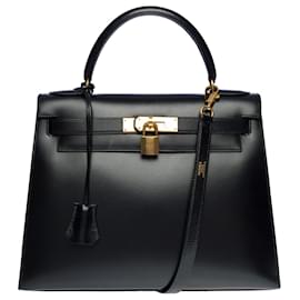 Hermès-Exceptional & Rare Hermes Kelly bag 28 black box leather shoulder strap, gold plated metal trim, removable shoulder strap in black box leather-Black
