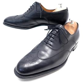 Hermès-HERMES JOHN RICHELIEU SHOES BOUT FLEURI 44 BLACK LEATHER SHOES-Black