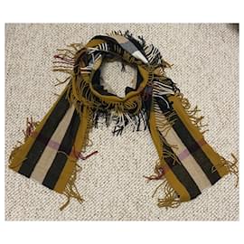 Burberry-Écharpe Burberry extra longue half mega check fashion frange cachemire scarf 310x22cm-Jaune