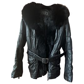 Autre Marque Black Lambskin Leather Jacket with Fox Fur Collar Black
