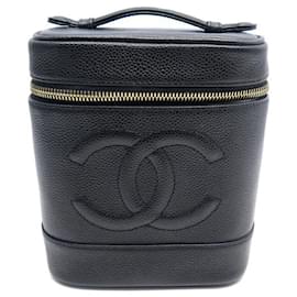 Chanel-BOLSA CHANEL LOGO CC EM COURO PRETO CAVIAR NOVA BOLSA PRETA DE HIGIENE-Preto