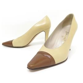 Chanel-CHANEL SHOES PUMPS 38 TWO-TONE BEIGE AND BROWN LEATHER PUMPS SHOES-Other
