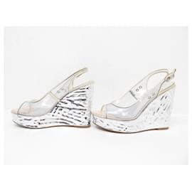 Chanel-CHANEL G SHOES26744 Wedge sandals 38 SILVER LEATHER & PVC SHOES-Silvery