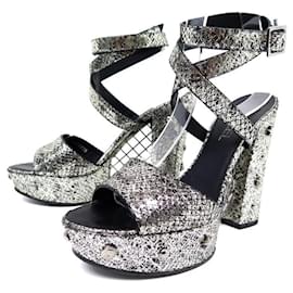 Chanel-CHANEL G SHOES25978 CHARMS LOGO CC CAMELIA CLOVER 38.5 SANDALS SHOES-Silvery