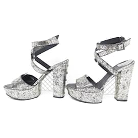 Chanel-CHANEL G SHOES25978 CHARMS LOGO CC CAMELIA CLOVER 38.5 SANDALS SHOES-Silvery
