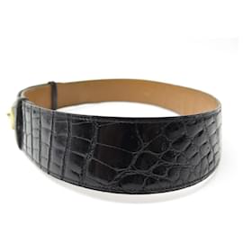 Hermès-VINTAGE CEINTURE HERMES PIANO 72 CM EN CUIR CROCODILE NOIR CROCO LEATHER BELT-Noir