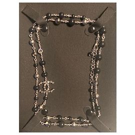 Chanel classic long necklace Black Silver hardware