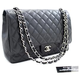 Chanel-CHANEL Caviar Grained Calfskin Flap Chain Shoulder Bag Black 13"-Black