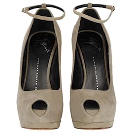 Giuseppe Zanotti-Taupe Suede Platform Pumps with Ankle Closure-Taupe