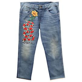 Gucci-Gucci Snake Appliqué Tapered-Leg Jeans in Blue Denim-Other