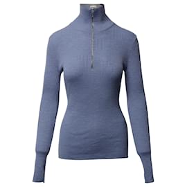 Ganni-Ganni High Neck Zip Pullover aus blauer Merinowolle-Blau