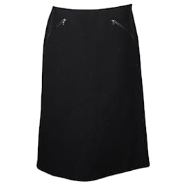 Prada-Straight Midi Wool Skirt Trimmed in Leather-Black