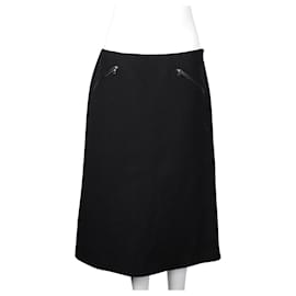 Prada-Straight Midi Wool Skirt Trimmed in Leather-Black