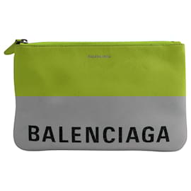 Balenciaga-Balenciaga Logo Ville Pouch Bag in Neon Yellow Grained Calfskin Leather-Yellow