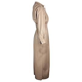 Nanushka-Nanushka Shirred Midi Shirt Dress in Beige Vegan Leather -Beige