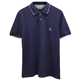 Brunello Cucinelli-Brunello Cucinelli Logo and Stripe Slim-Fit Polo in Navy Blue Cotton-Navy blue