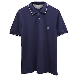 Brunello Cucinelli Polo Slim Fit con Logo e Righe in Cotone Blu Navy Blu navy