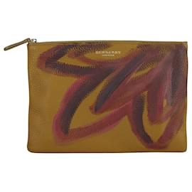 Burberry-Burberry Hand Painted Flower Pouch in Yellow Camel Leather-Yellow,Camel