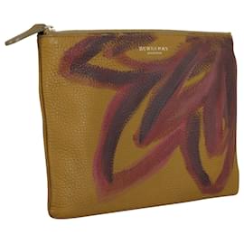 Burberry-Burberry Hand Painted Flower Pouch in Yellow Camel Leather-Yellow,Camel