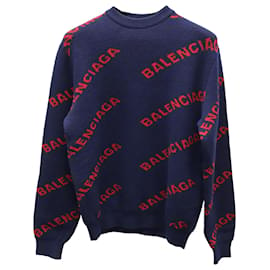 Balenciaga-Balenciaga Logo All Over Sweater in Blue Print Wool-Other