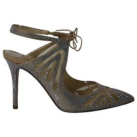 Rene Caovilla Swarovski Embellished Heels in Silver Mesh Silvery Metallic