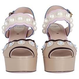 Fendi-Fendi Pink and Pearl Embellished Platform Heels in Beige Leather-Beige