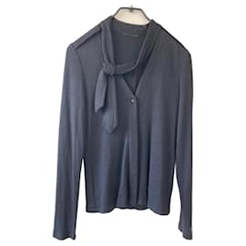 Chanel-Camisola Chanel com gola de gravata em caxemira e seda-Azul escuro
