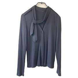 Chanel Strickjacke mit Krawattenkragen aus Kaschmir und Seide Dunkelblau