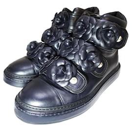 Chanel-High Top Leather Sneakers Camellia and Pearl Buttons-Navy blue