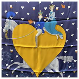 Hermès-Hermes Paris Blue Silk Carre 70 Tea Time Yellow Heart Scarf-Blue
