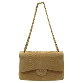 Chanel-Beige Double Flap Matte Python Skin Jumbo Bag with Golden Hardware-Flesh