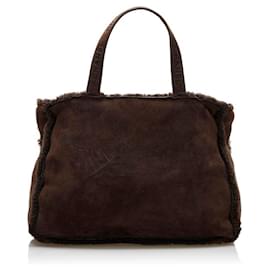 Chanel-Suede Shearling Tote Bag-Brown