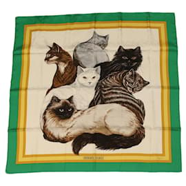 Hermès-HERMES CARRE 90 Les Chats Scarf Green White yellow Auth am3480-White,Green,Yellow