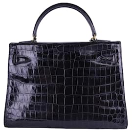 Hermès-Kelly "32 crocodile noir brillant-Noir